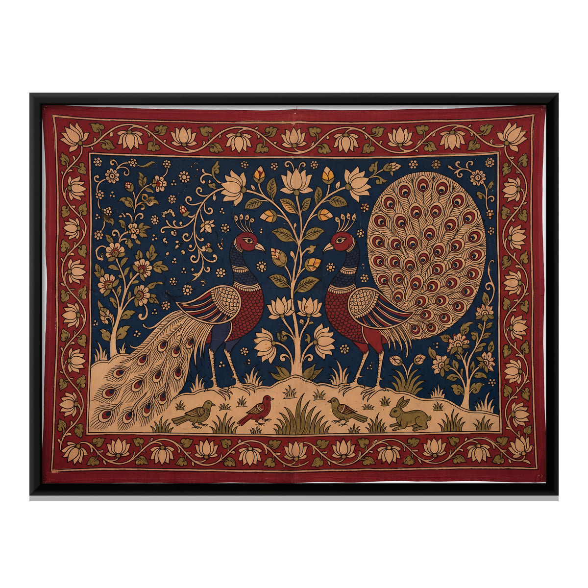 Two Peacocks by a Flowering Tree - framed canvas print, front view
