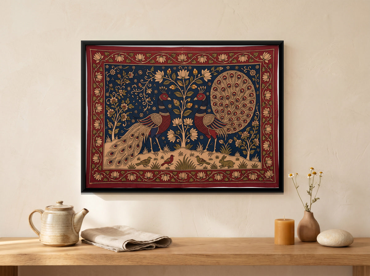 Two Peacocks by a Flowering Tree - canvas art shown in a second room setting