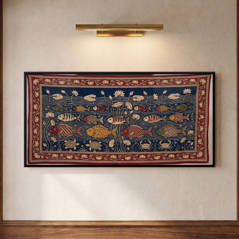 Fish in a Lotus Pond - framed canvas art hung on a wall