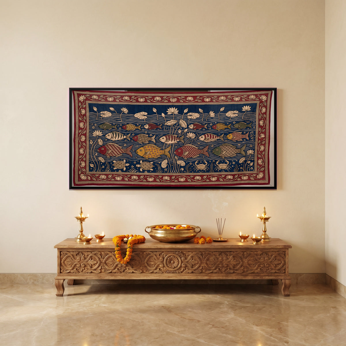 Fish in a Lotus Pond - canvas art shown in a second room setting