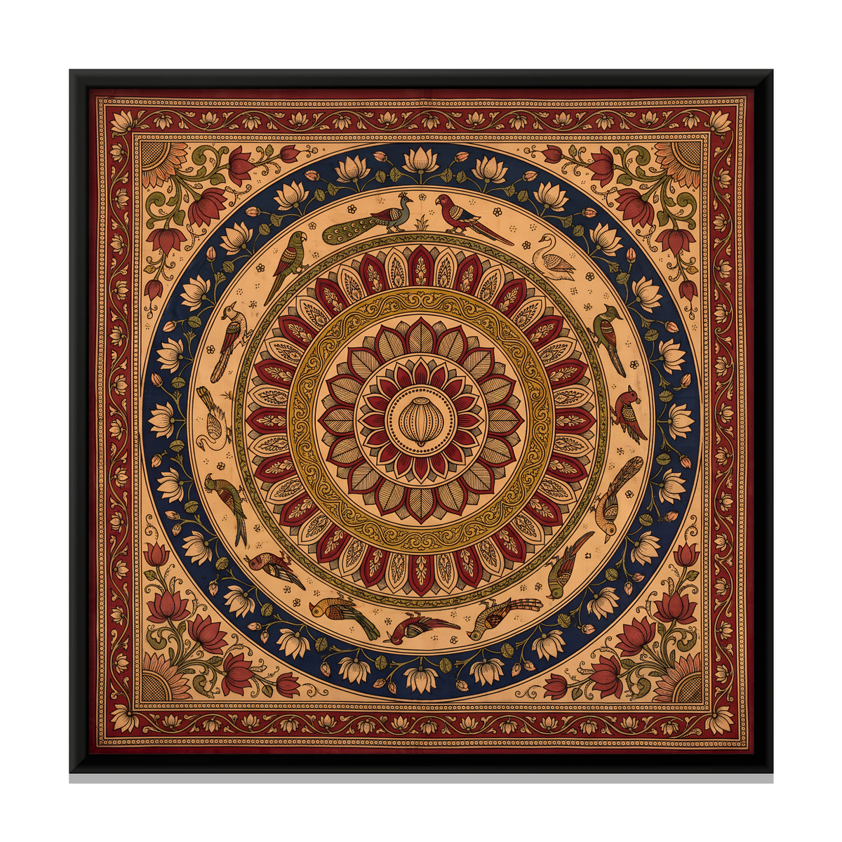 Lotus Mandala with Birds - framed canvas print, front view