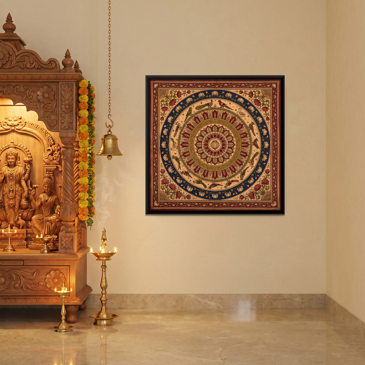 Lotus Mandala with Birds - canvas art shown in a styled room