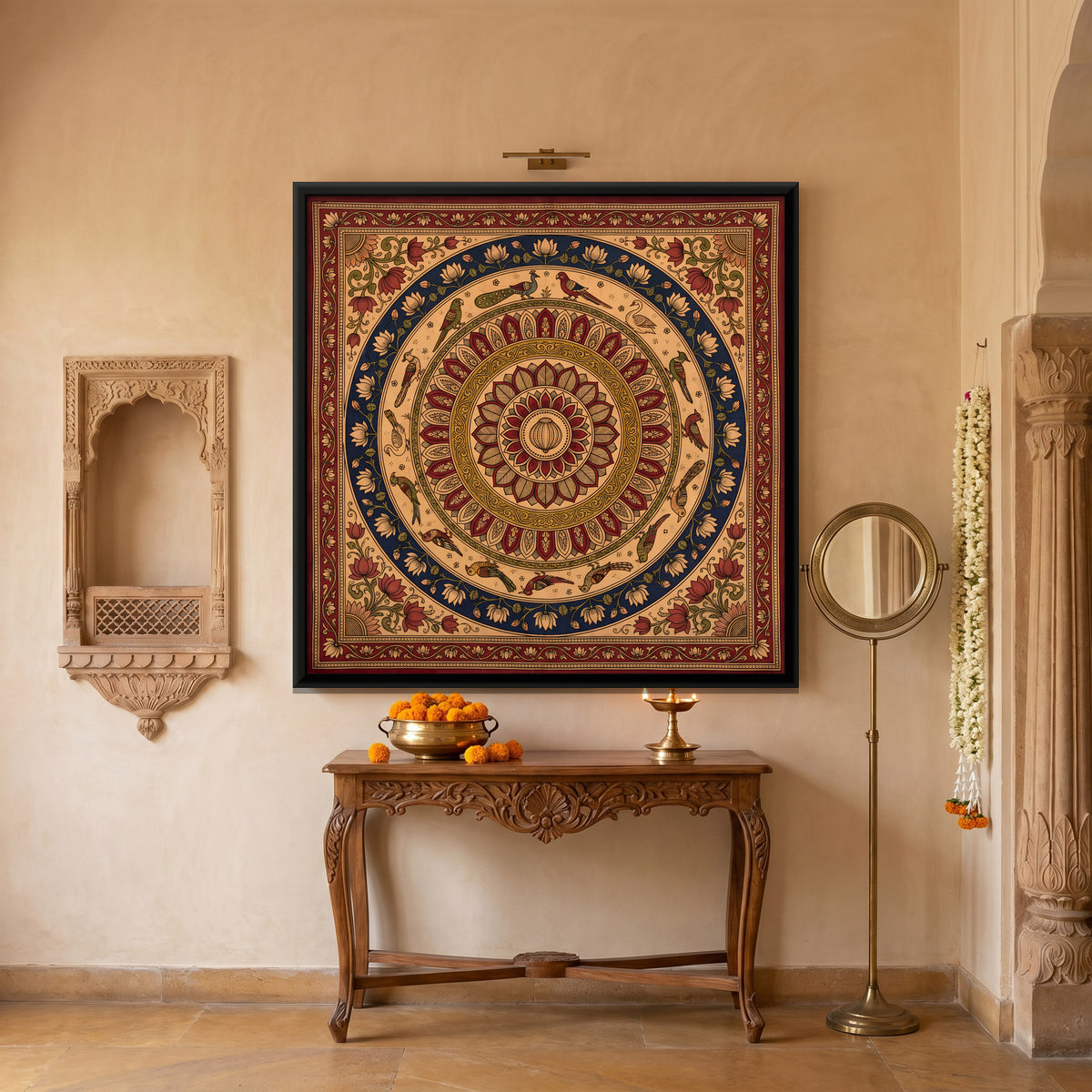 Lotus Mandala with Birds - canvas art shown in a second room setting