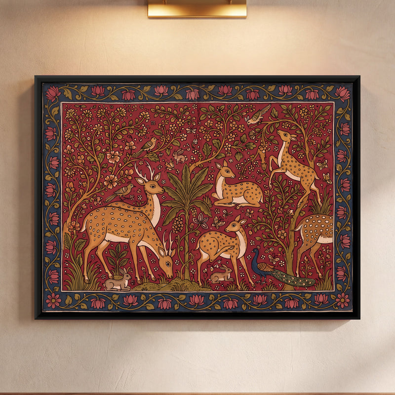 Herd of Spotted Deer - framed canvas art hung on a wall