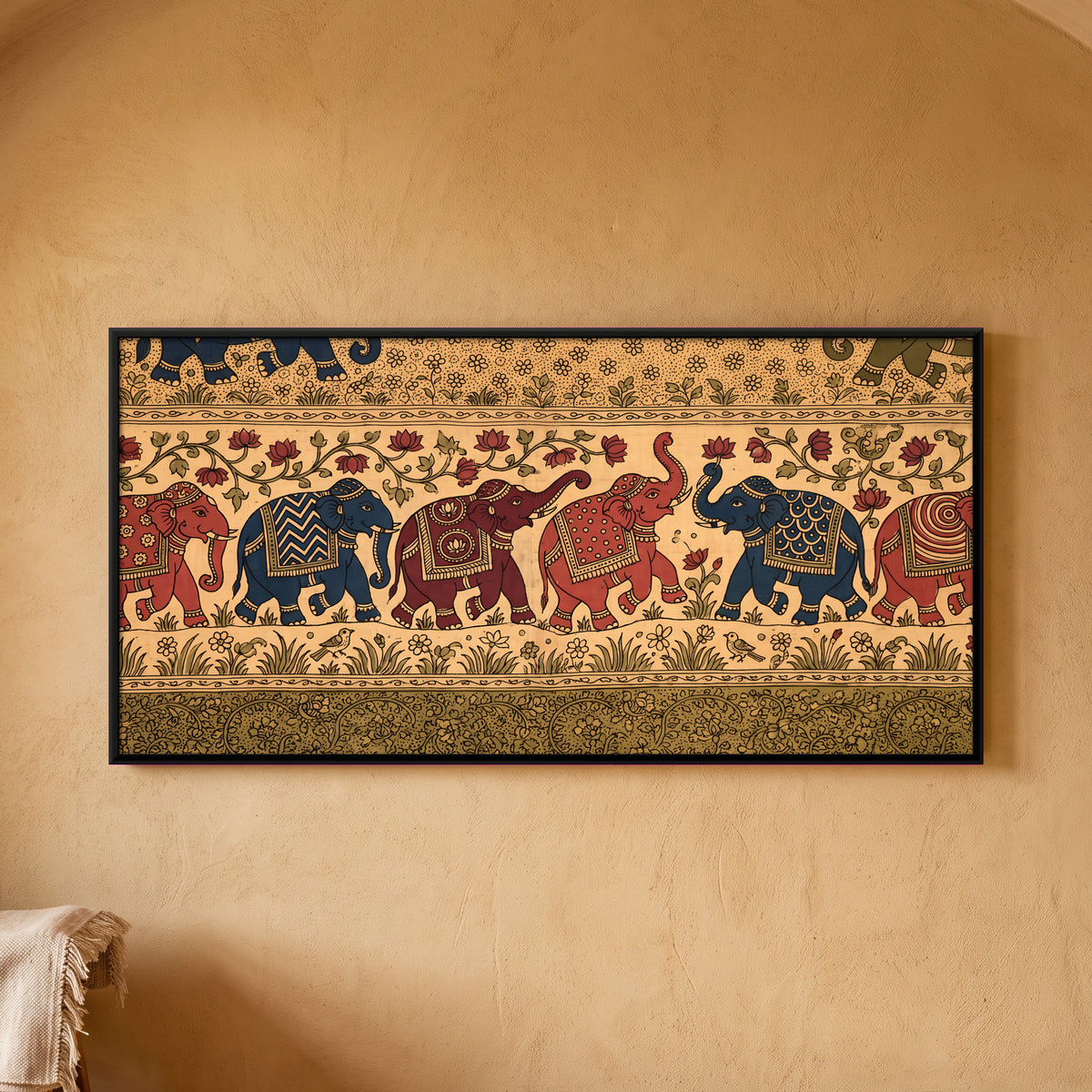 Elephant Procession - framed canvas art hung on a wall