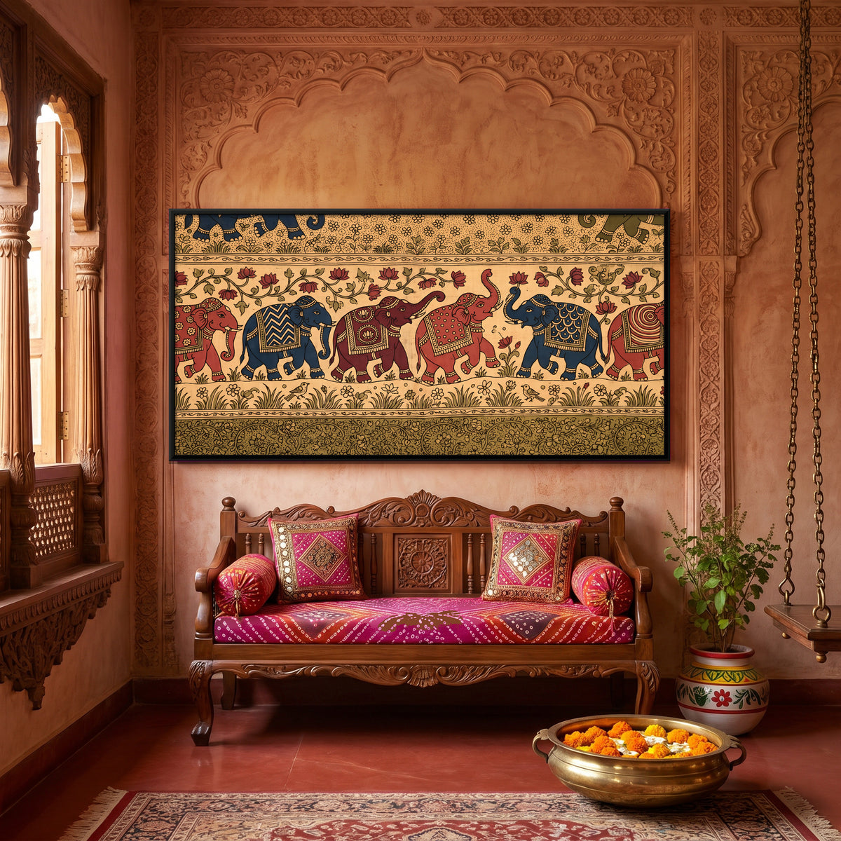 Elephant Procession - canvas art shown in a styled room