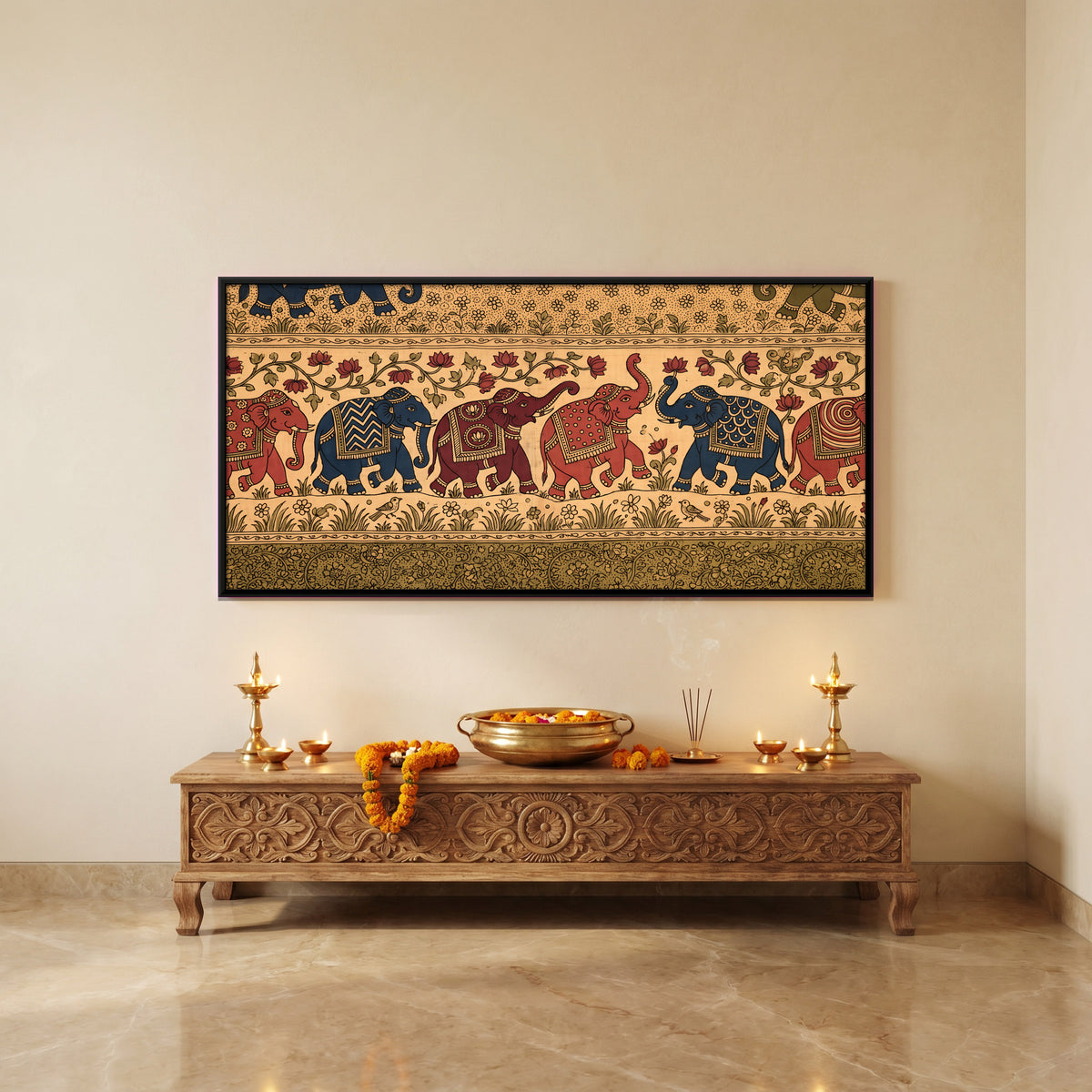 Elephant Procession - canvas art shown in a second room setting