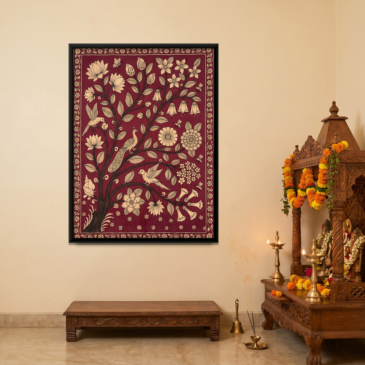 Flowering Tree with a Peacock - canvas art shown in a styled room