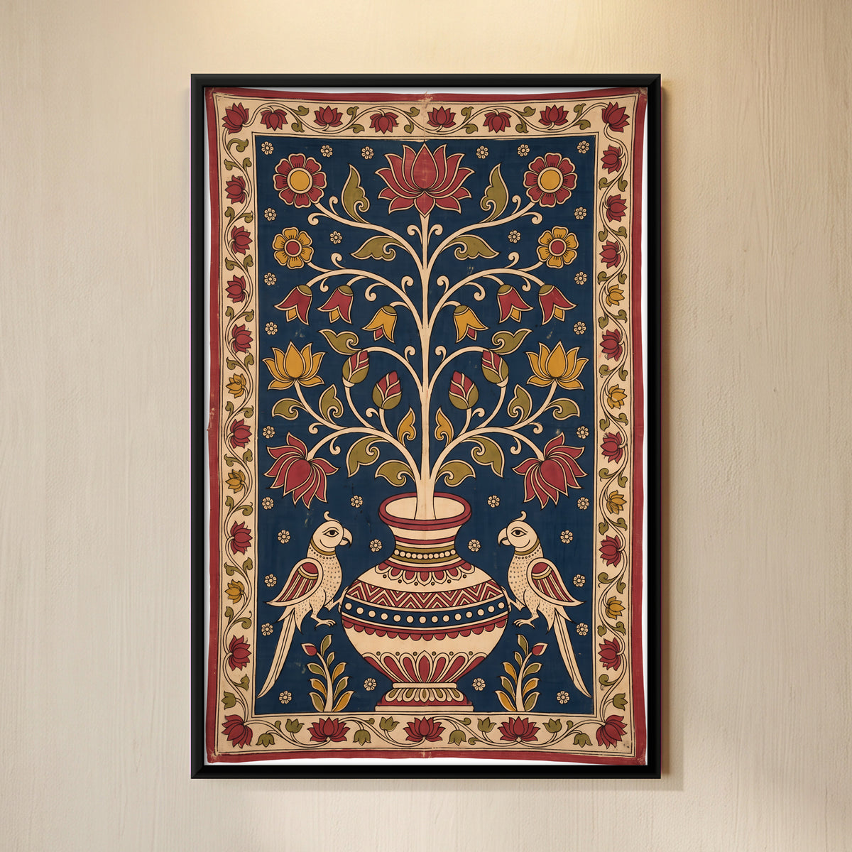 Flowering Kalash with Parrots - framed canvas art hung on a wall