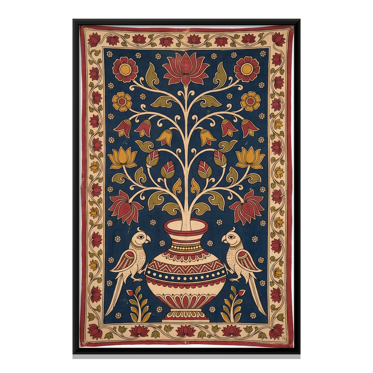 Flowering Kalash with Parrots - framed canvas print, front view