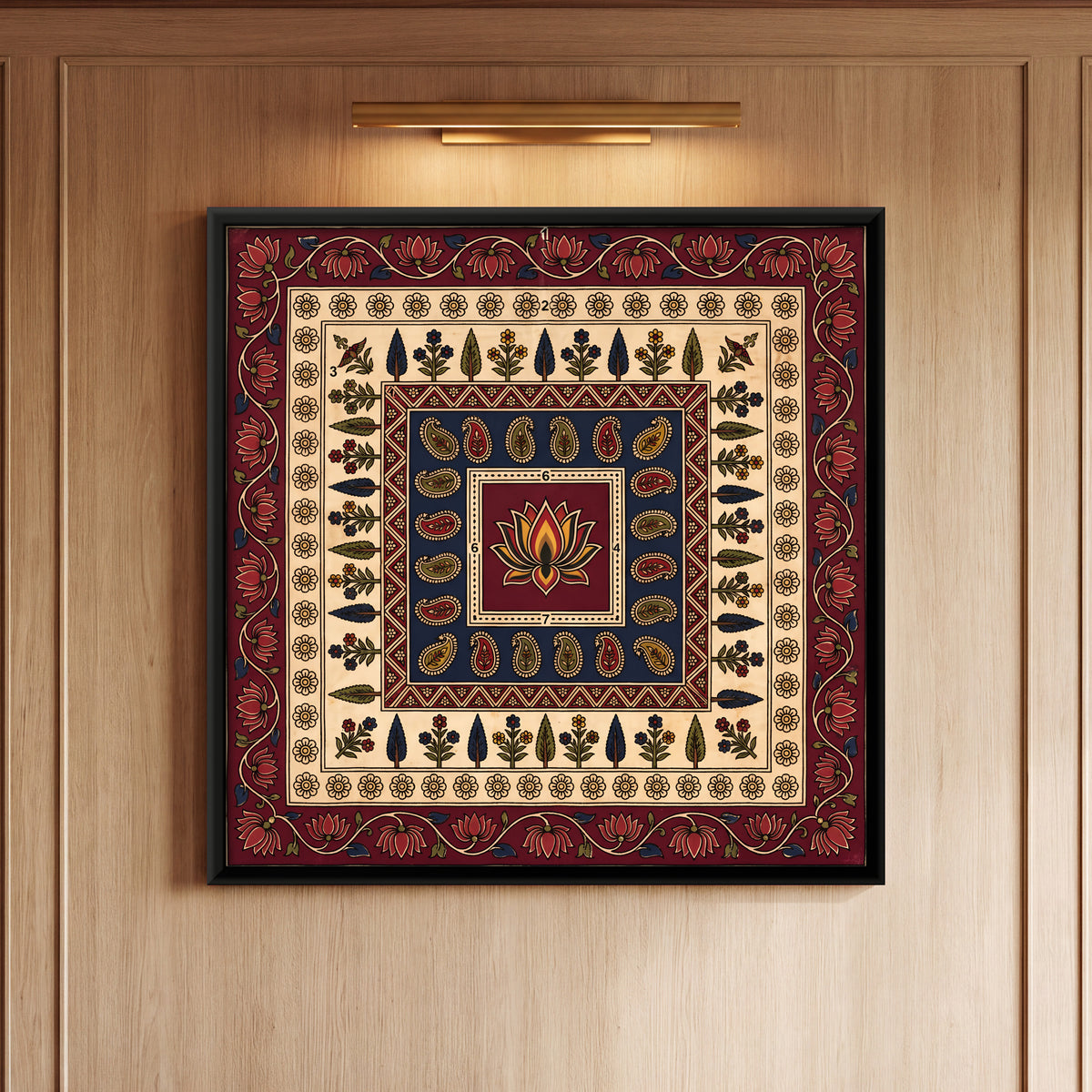 Lotus in Nested Borders - framed canvas art hung on a wall