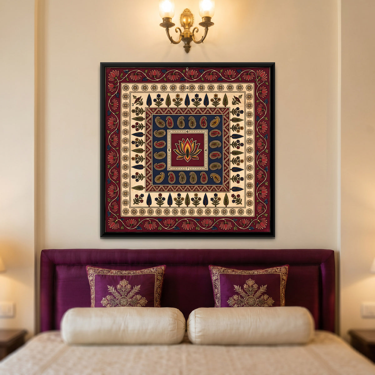 Lotus in Nested Borders - canvas art shown in a second room setting