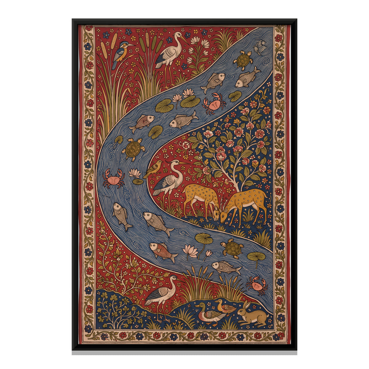 River with Deer and Birds - framed canvas print, front view