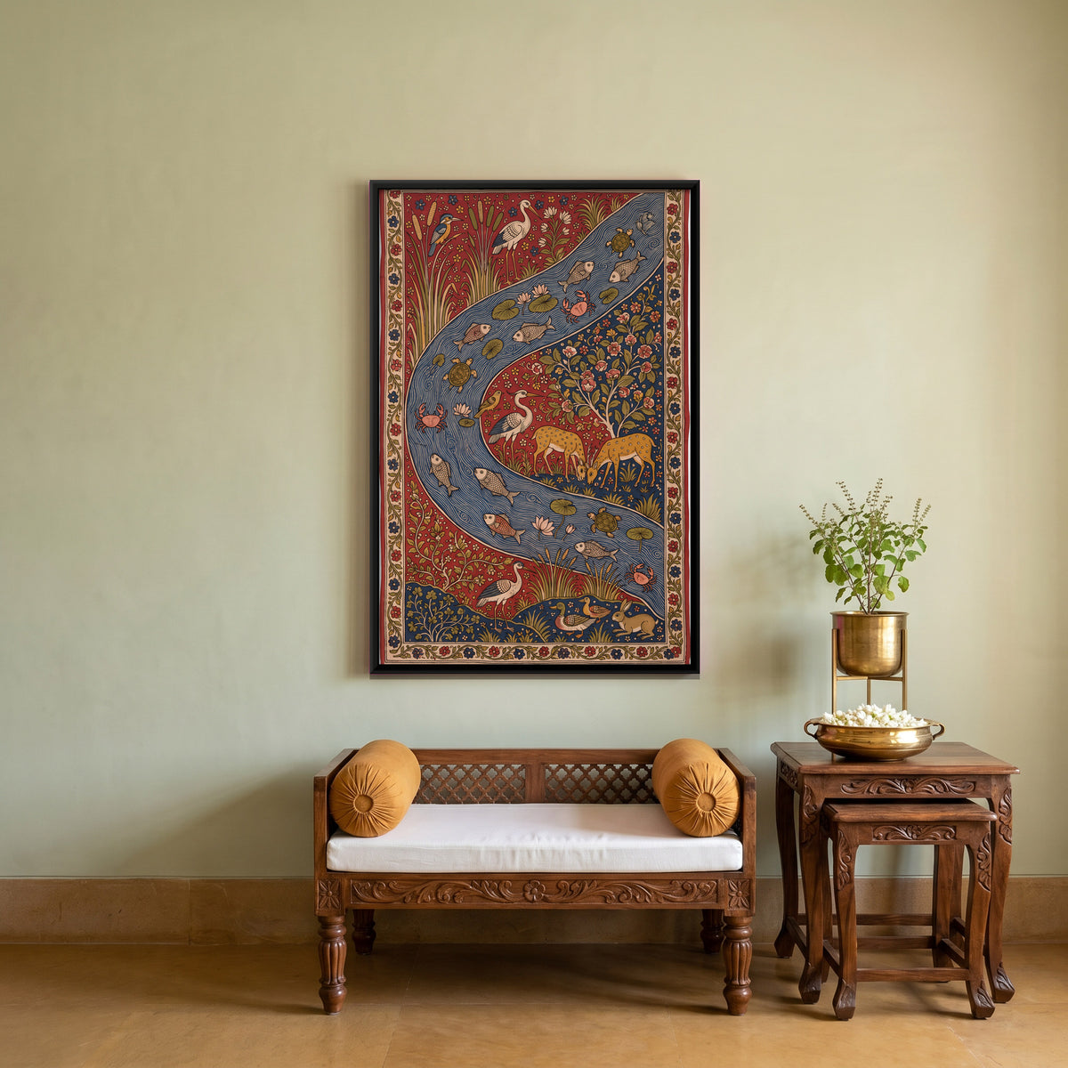 River with Deer and Birds - canvas art shown in a styled room