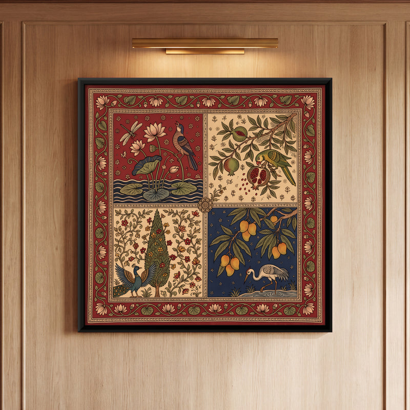 Garden Birds in Four Panels - framed canvas art hung on a wall