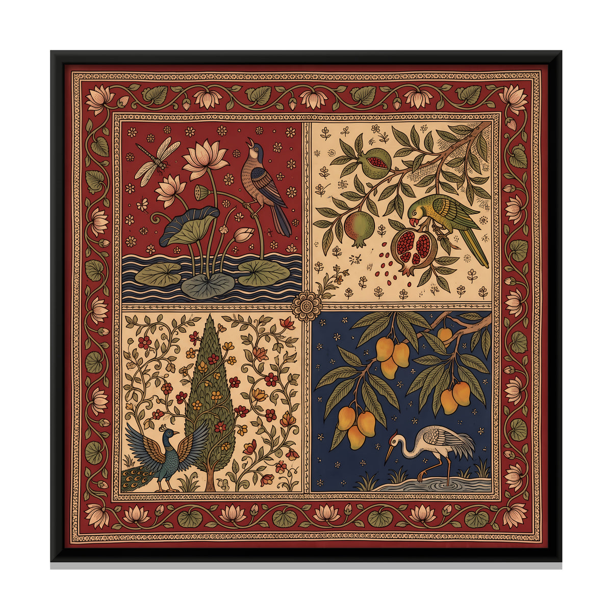 Garden Birds in Four Panels - framed canvas print, front view