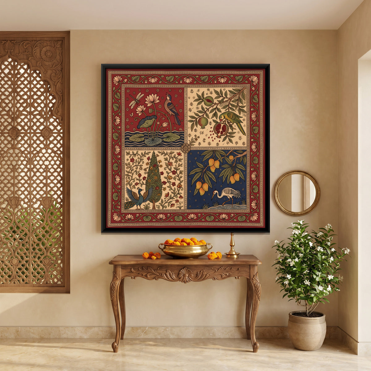 Garden Birds in Four Panels - canvas art shown in a second room setting