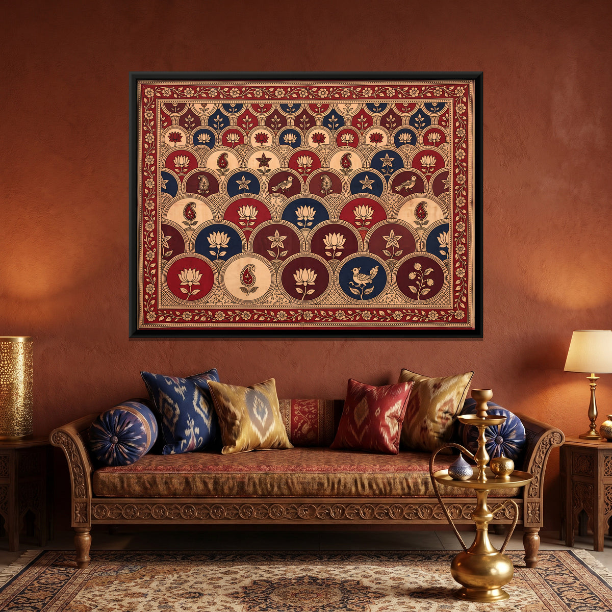 Lotuses in Scalloped Arches - canvas art shown in a second room setting