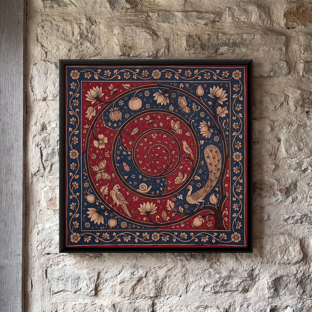 Spiral Vine with Birds - framed canvas art hung on a wall