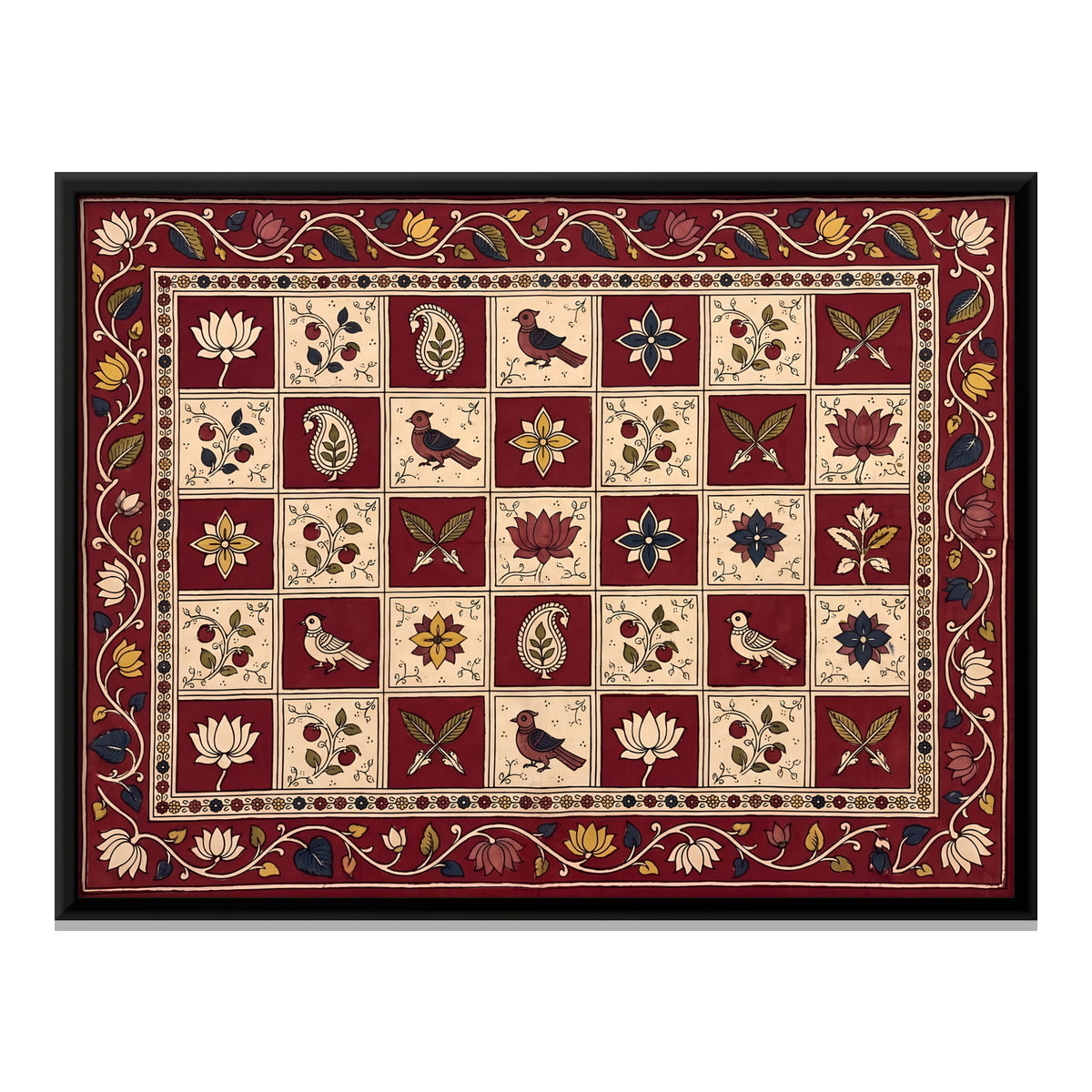 Checkerboard of Flowers and Birds - framed canvas print, front view