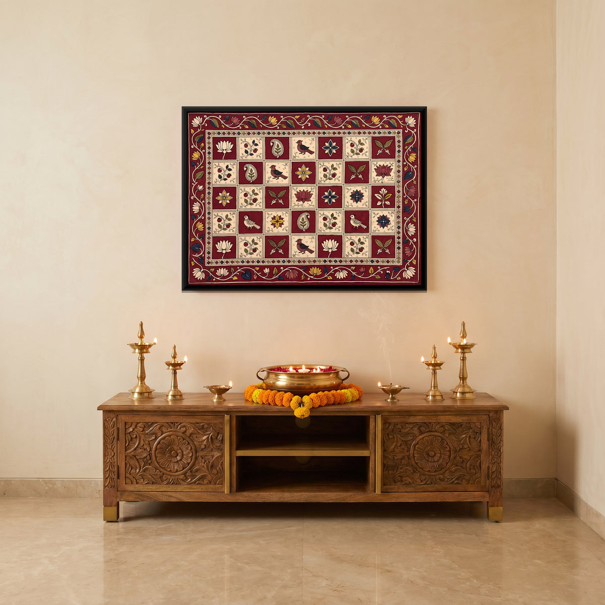 Checkerboard of Flowers and Birds - canvas art shown in a styled room