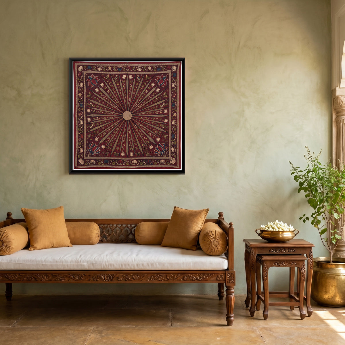 Sunburst with Lotus Corners - canvas art shown in a second room setting