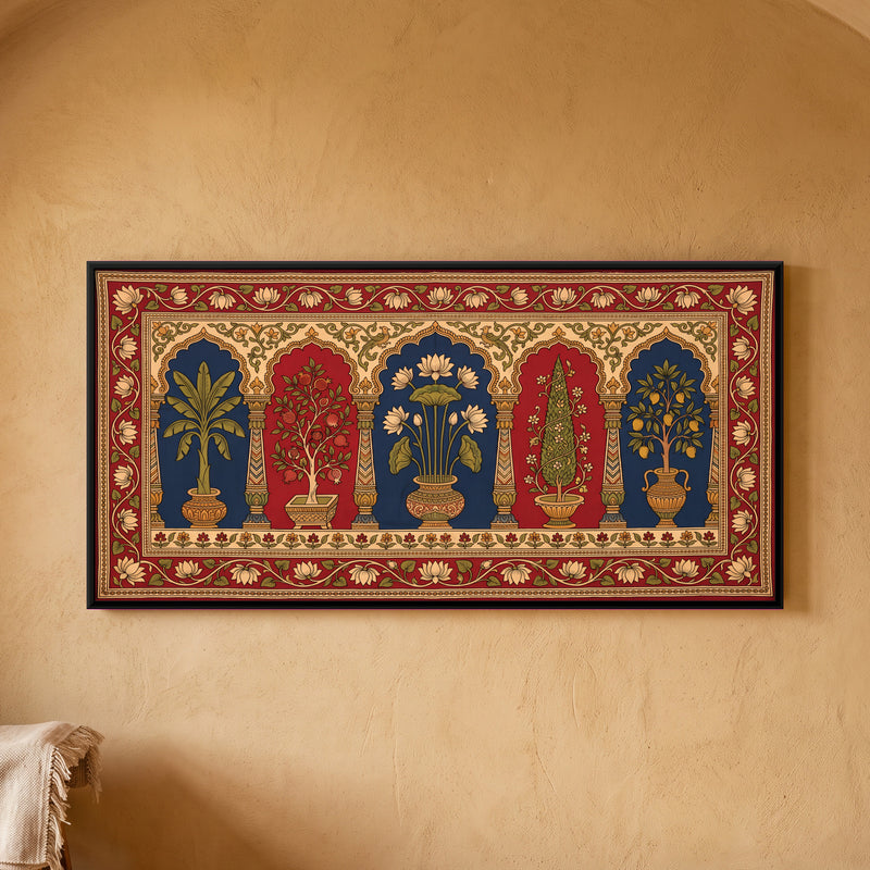 Potted Trees in Arched Niches - framed canvas art hung on a wall