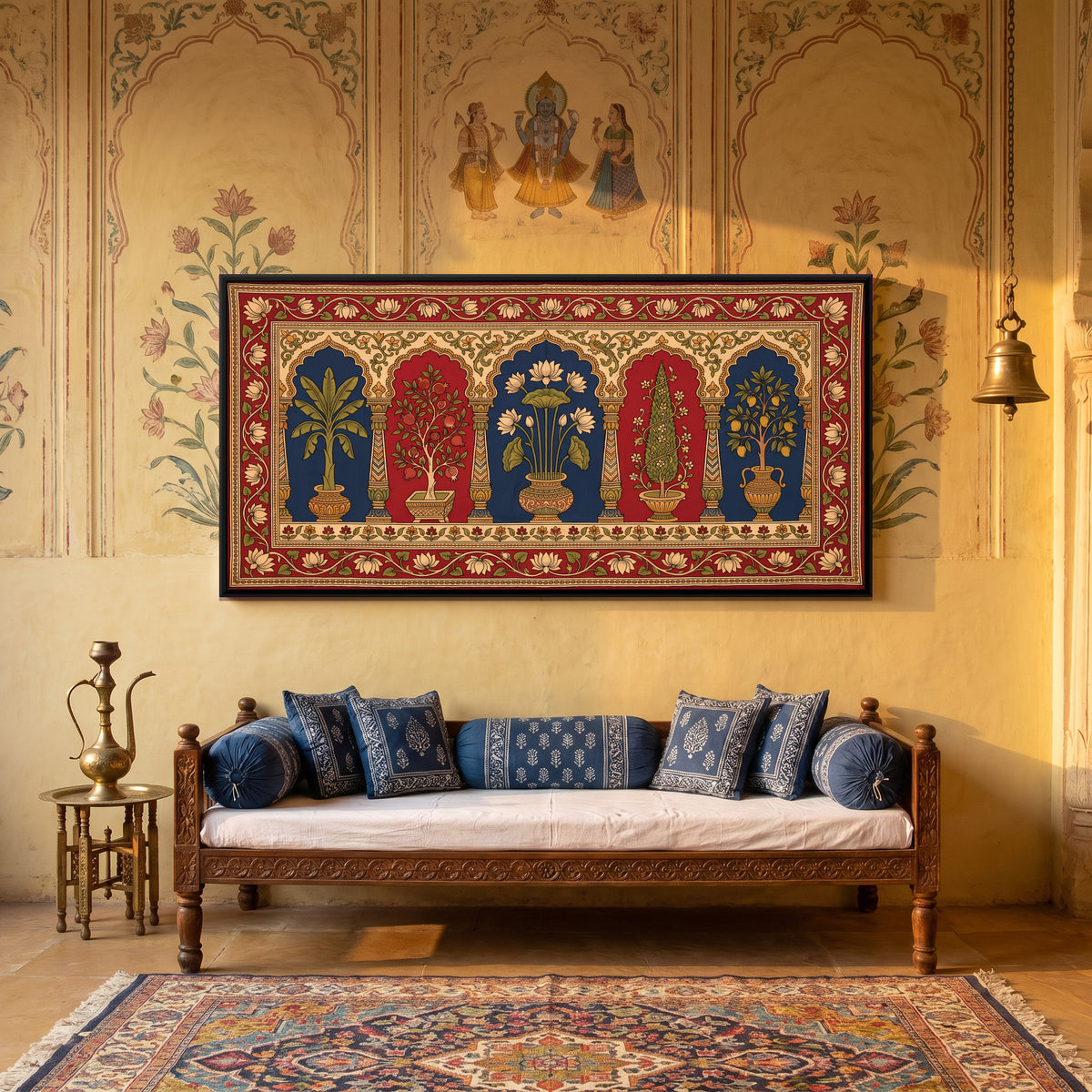 Potted Trees in Arched Niches - canvas art shown in a styled room