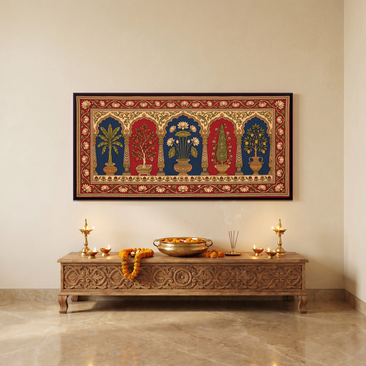 Potted Trees in Arched Niches - canvas art shown in a second room setting