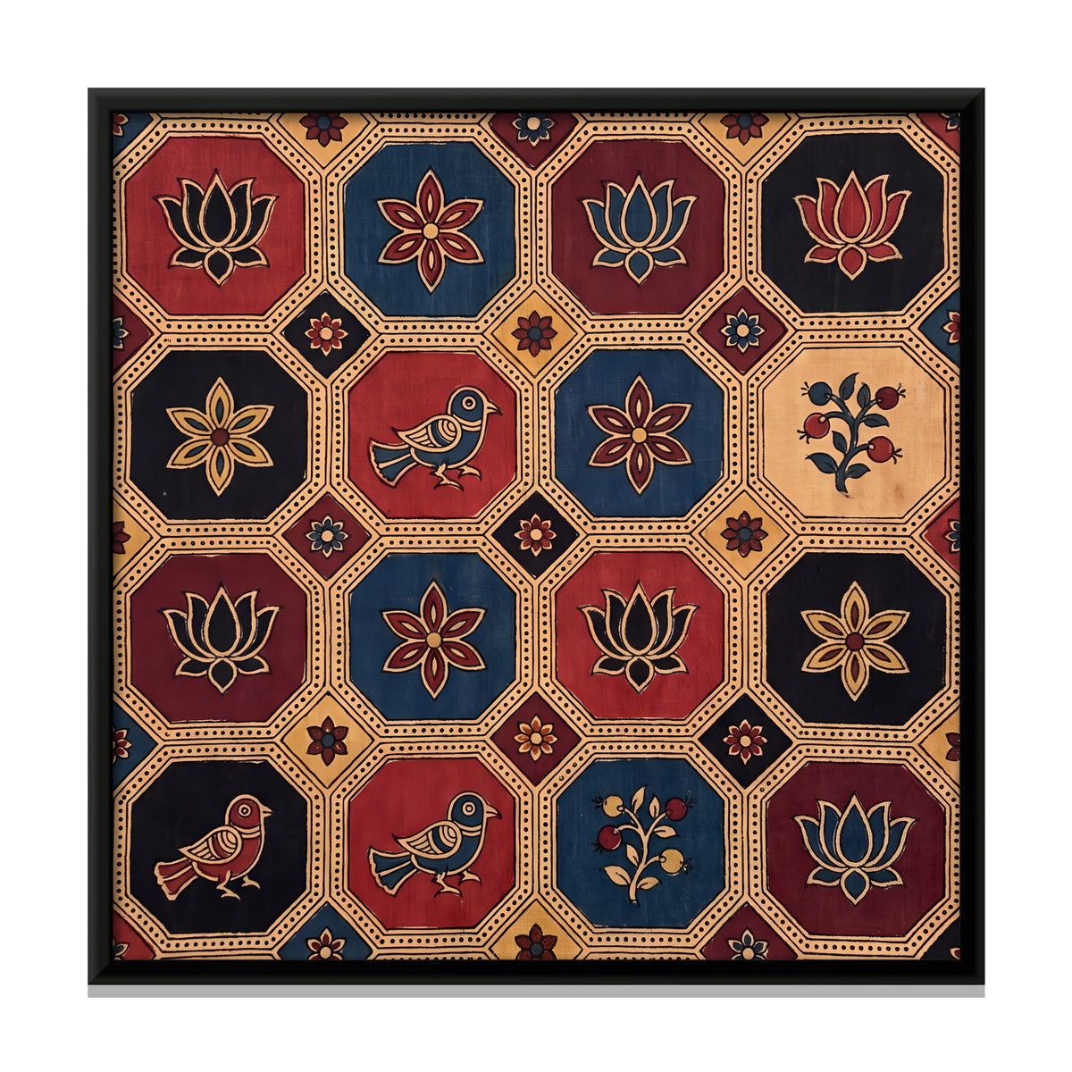 Lotuses and Birds in Octagons - framed canvas print, front view