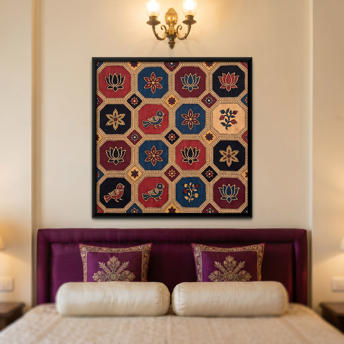 Lotuses and Birds in Octagons - canvas art shown in a second room setting