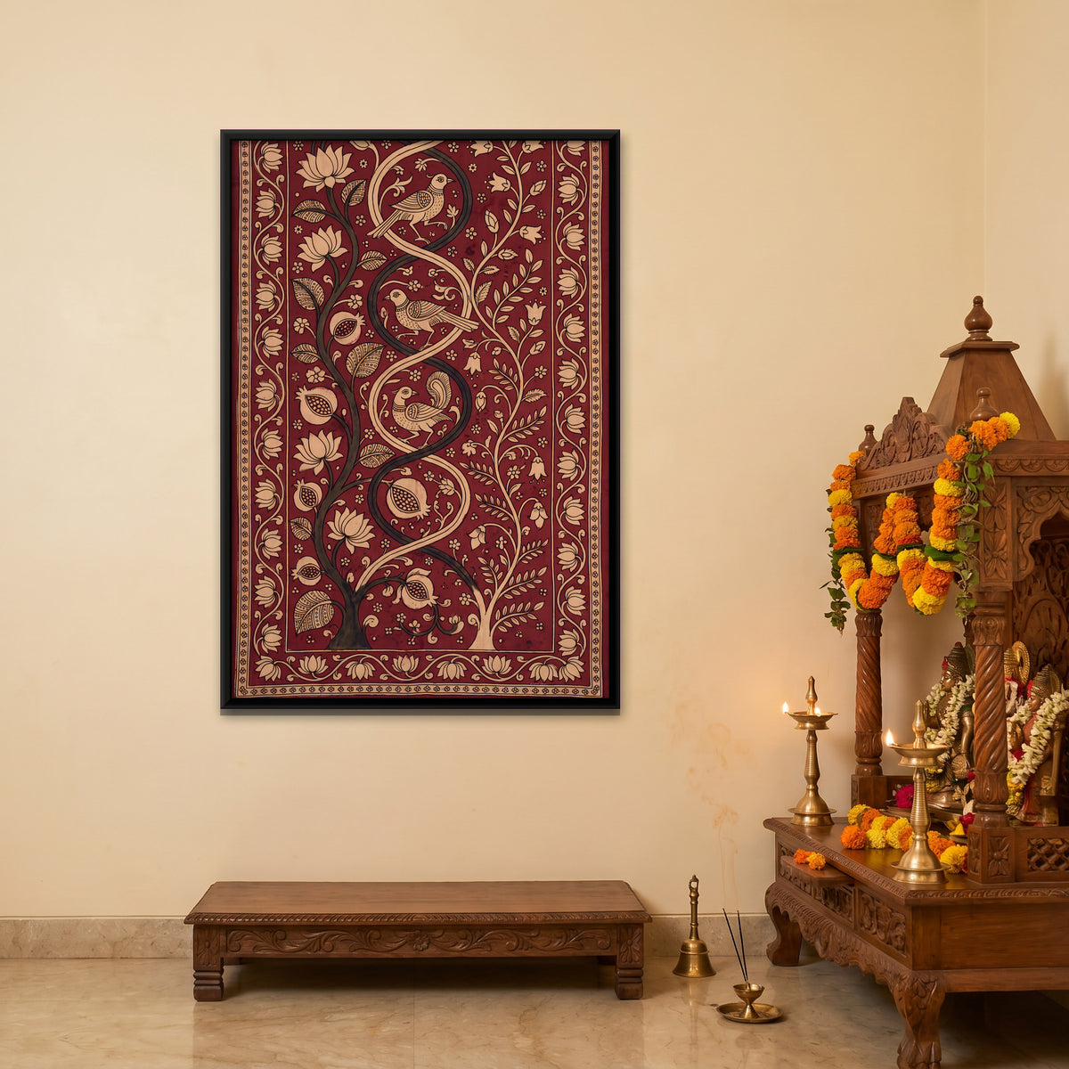 Flowering Vine with Birds - canvas art shown in a styled room