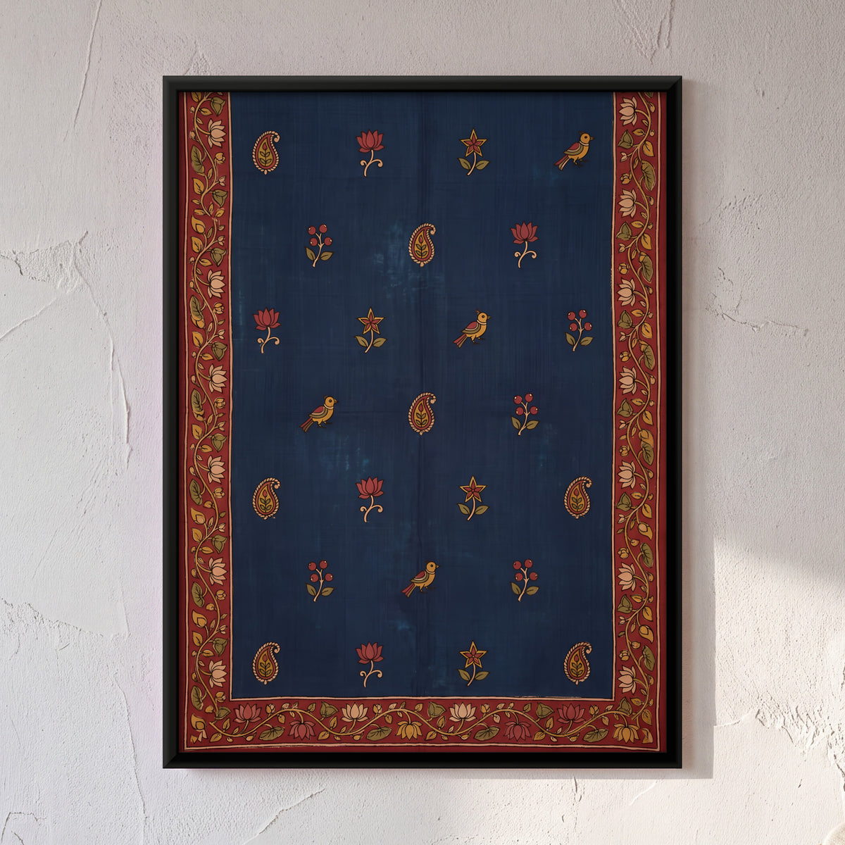 Birds and Paisley on Indigo - framed canvas art hung on a wall