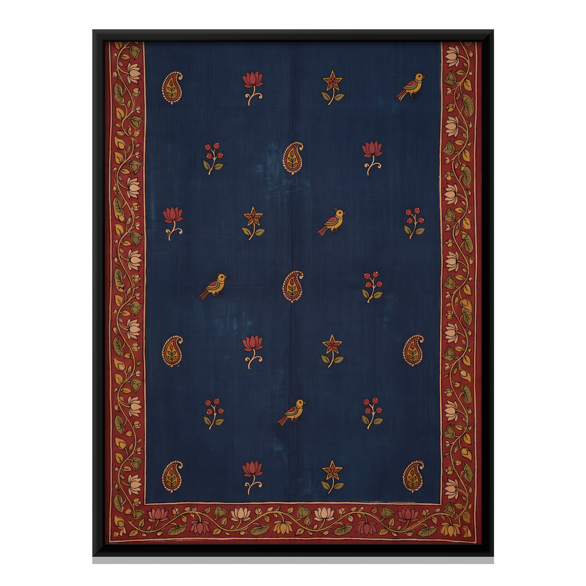 Birds and Paisley on Indigo - framed canvas print, front view