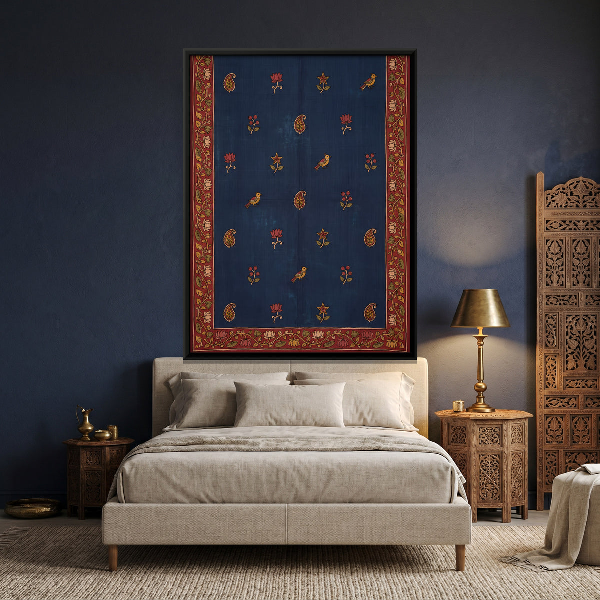 Birds and Paisley on Indigo - canvas art shown in a styled room