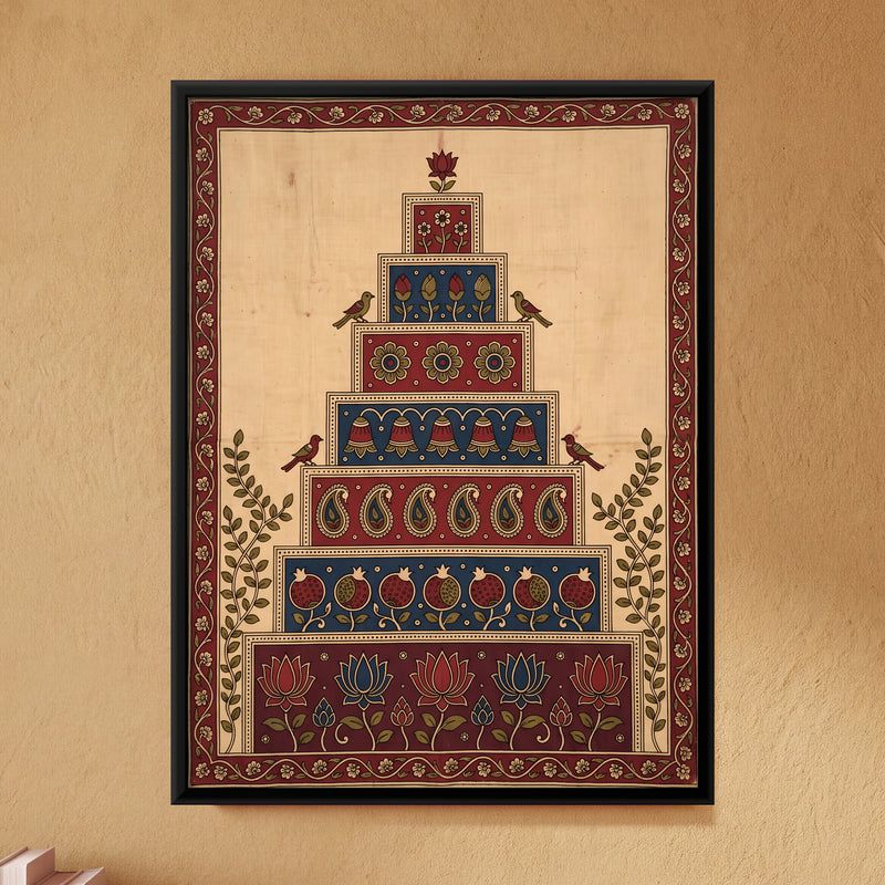 Stepped Floral Tower with Birds - framed canvas art hung on a wall