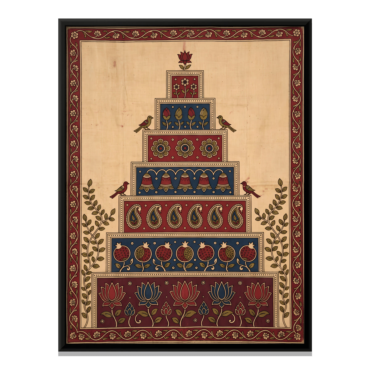 Stepped Floral Tower with Birds - framed canvas print, front view