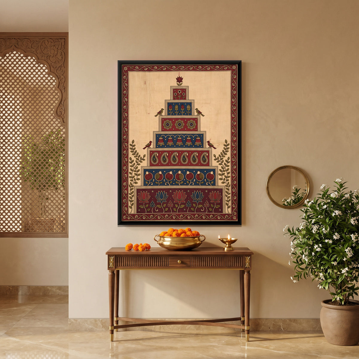 Stepped Floral Tower with Birds - canvas art shown in a second room setting