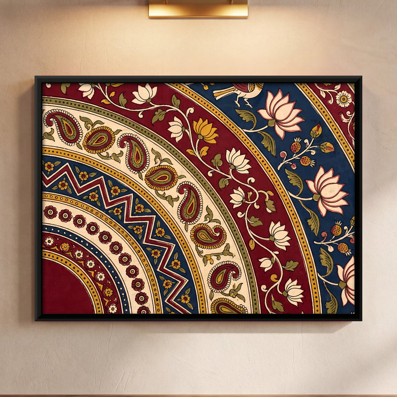 Paisley and Lotus Arcs - framed canvas art hung on a wall