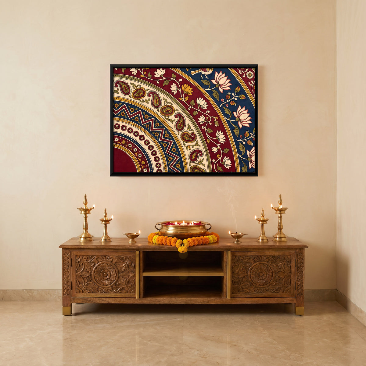 Paisley and Lotus Arcs - canvas art shown in a styled room