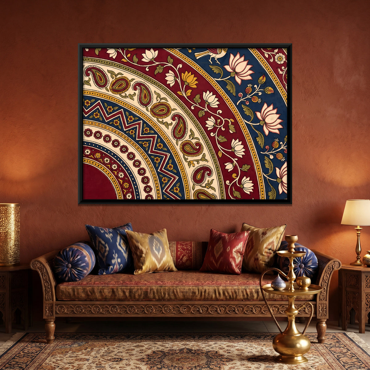 Paisley and Lotus Arcs - canvas art shown in a second room setting