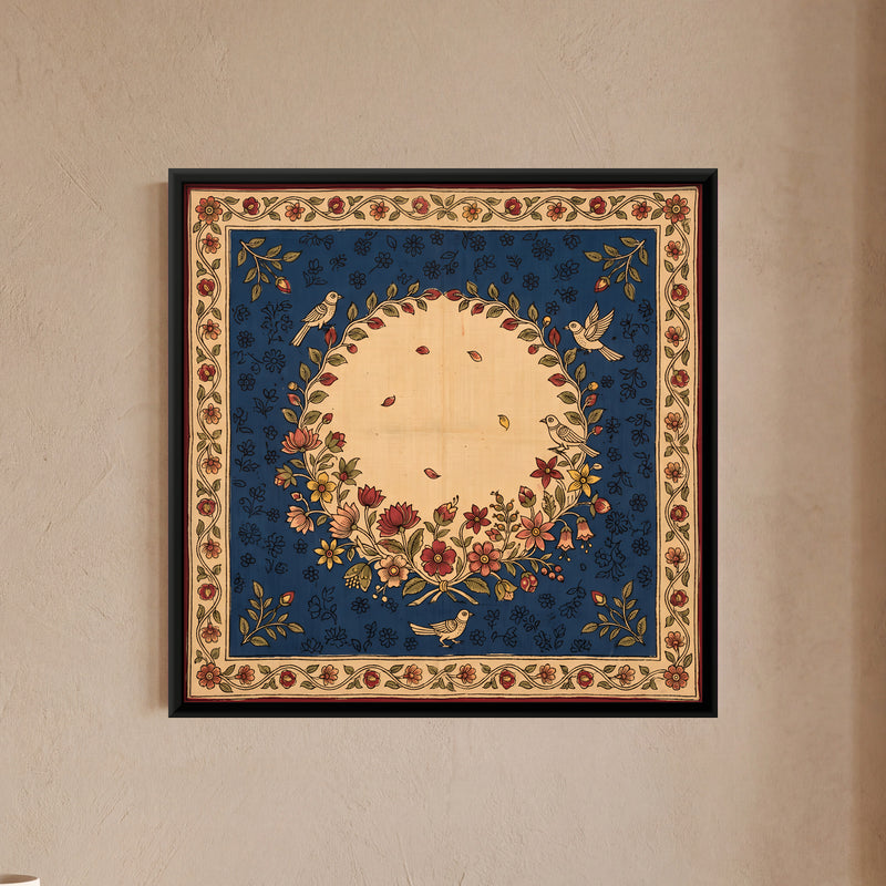 Floral Wreath with Birds - framed canvas art hung on a wall