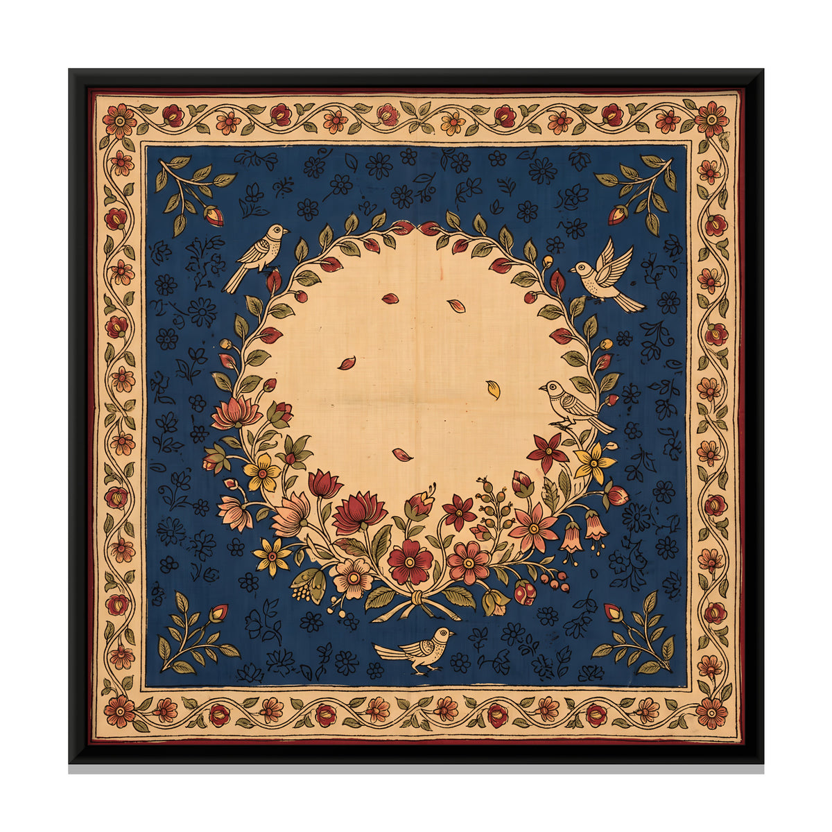 Floral Wreath with Birds - framed canvas print, front view