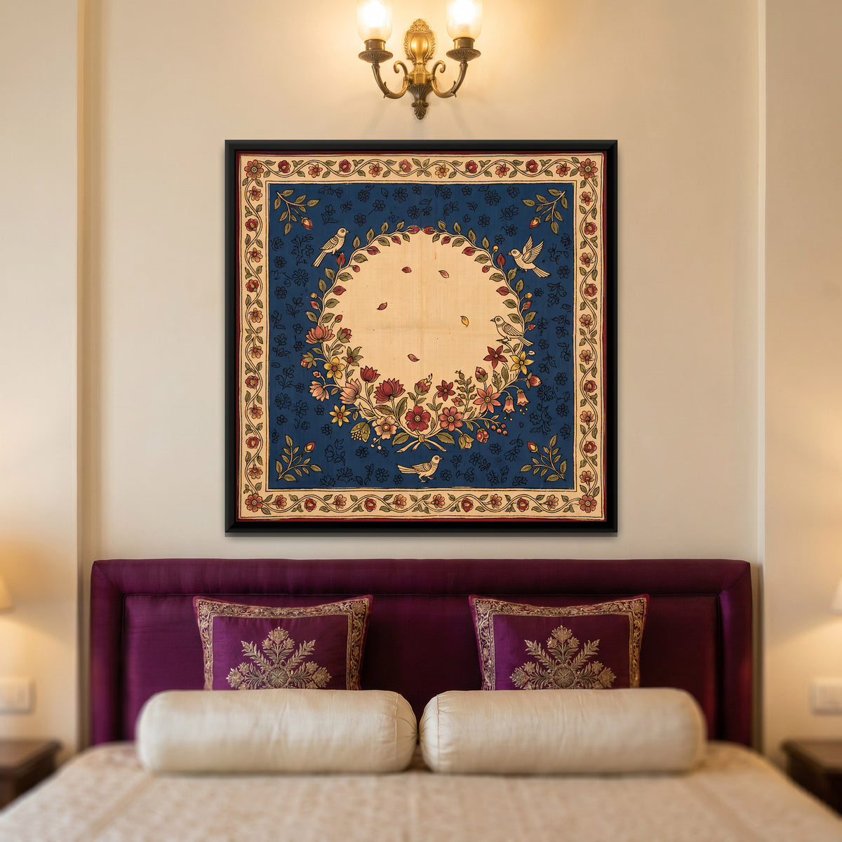 Floral Wreath with Birds - canvas art shown in a styled room