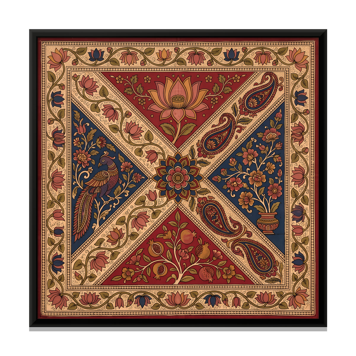 Peacock and Lotus in Diagonal Panels - framed canvas print, front view