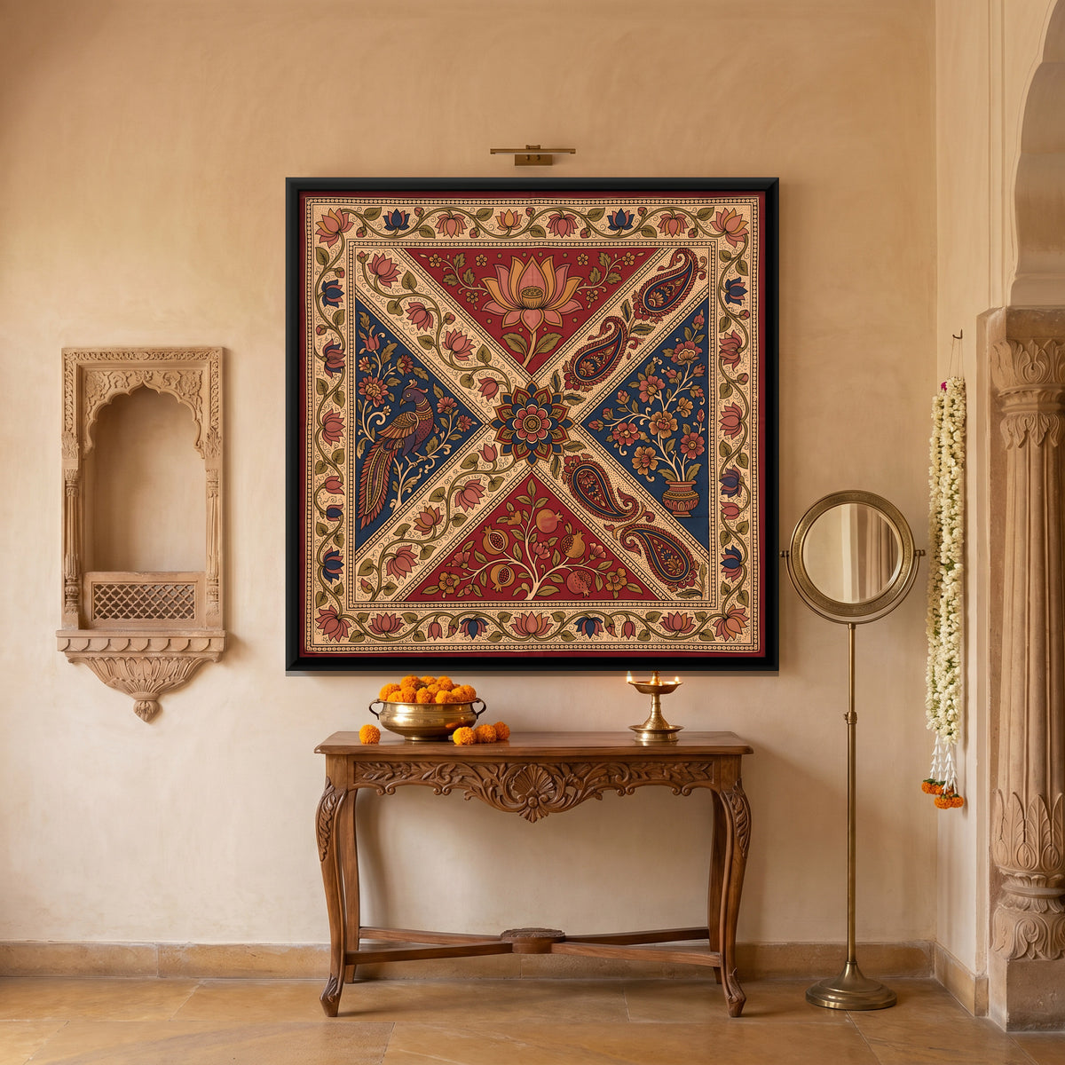 Peacock and Lotus in Diagonal Panels - canvas art shown in a second room setting