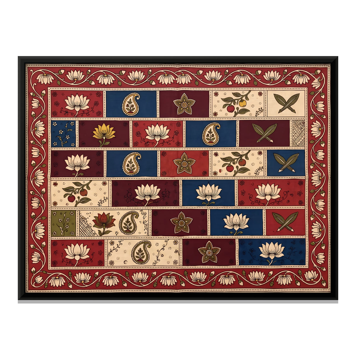 Lotus and Paisley Blocks - framed canvas print, front view