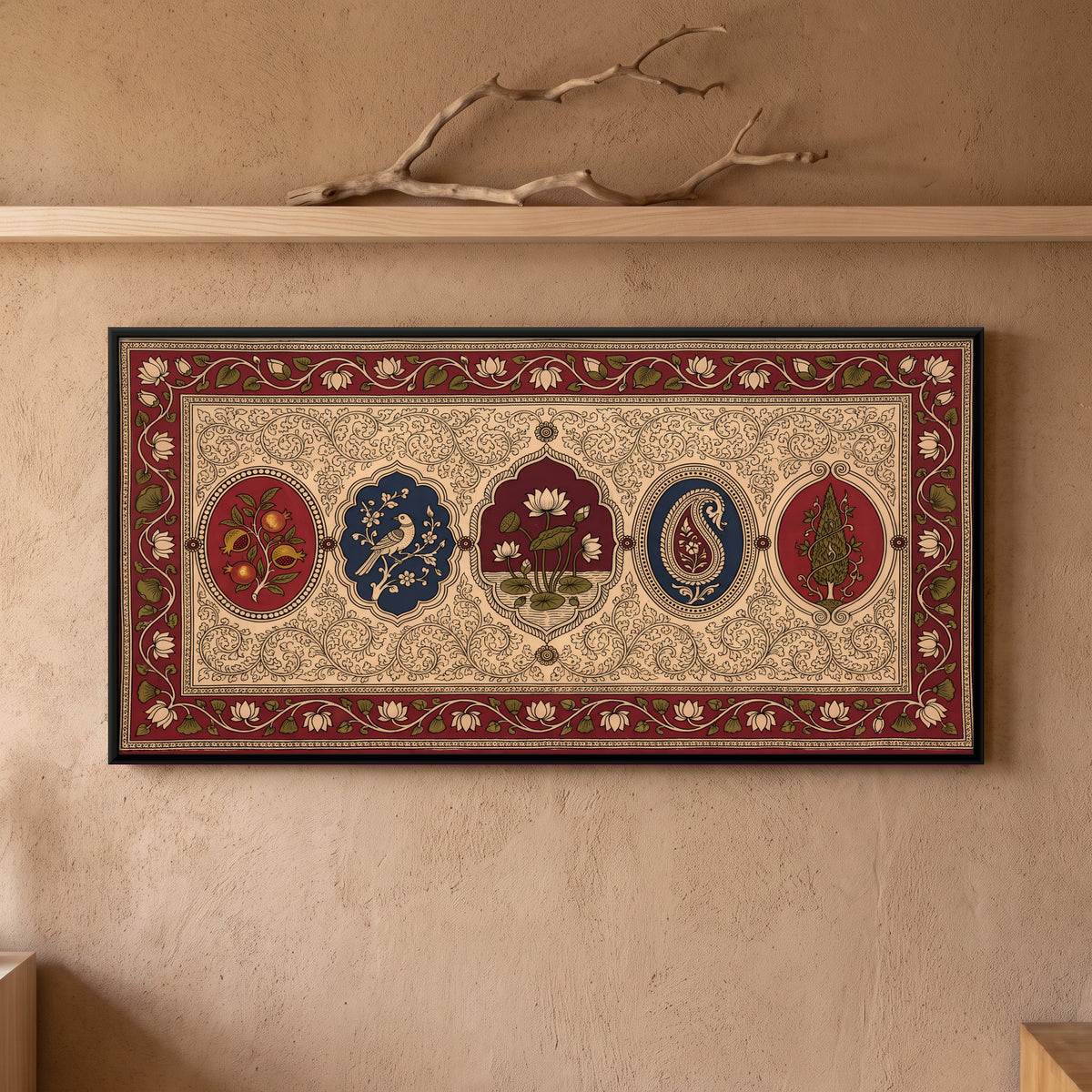 Row of Floral Medallions - framed canvas art hung on a wall