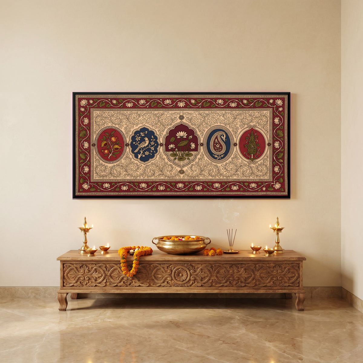 Row of Floral Medallions - canvas art shown in a styled room