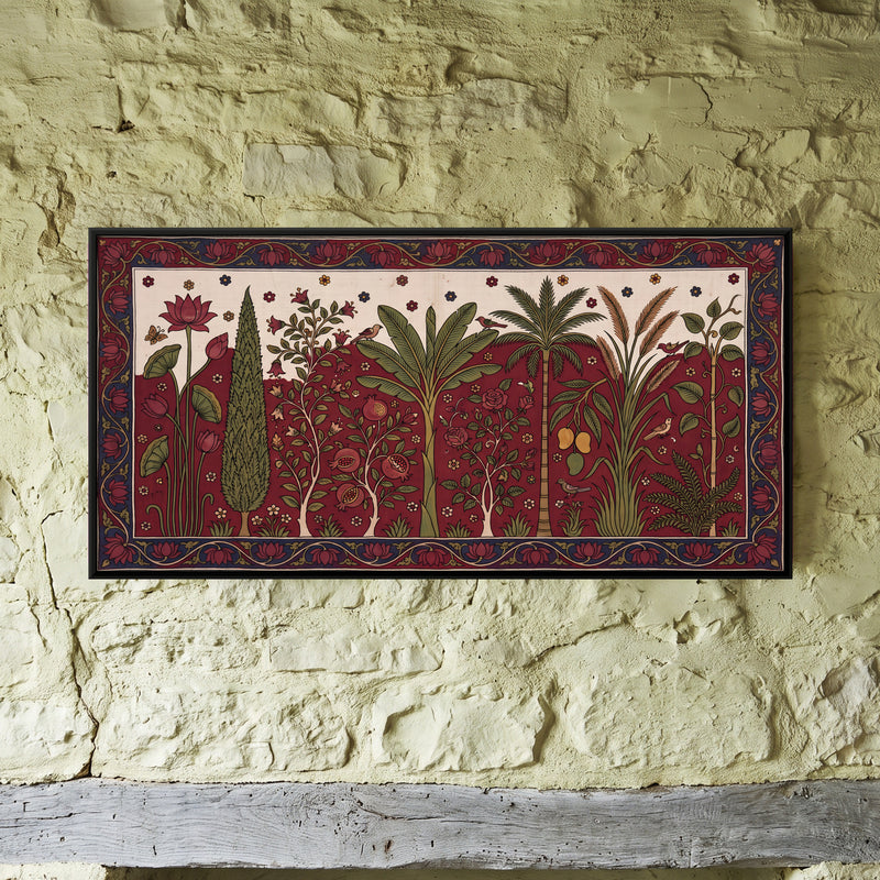 Garden of Trees and Birds - framed canvas art hung on a wall